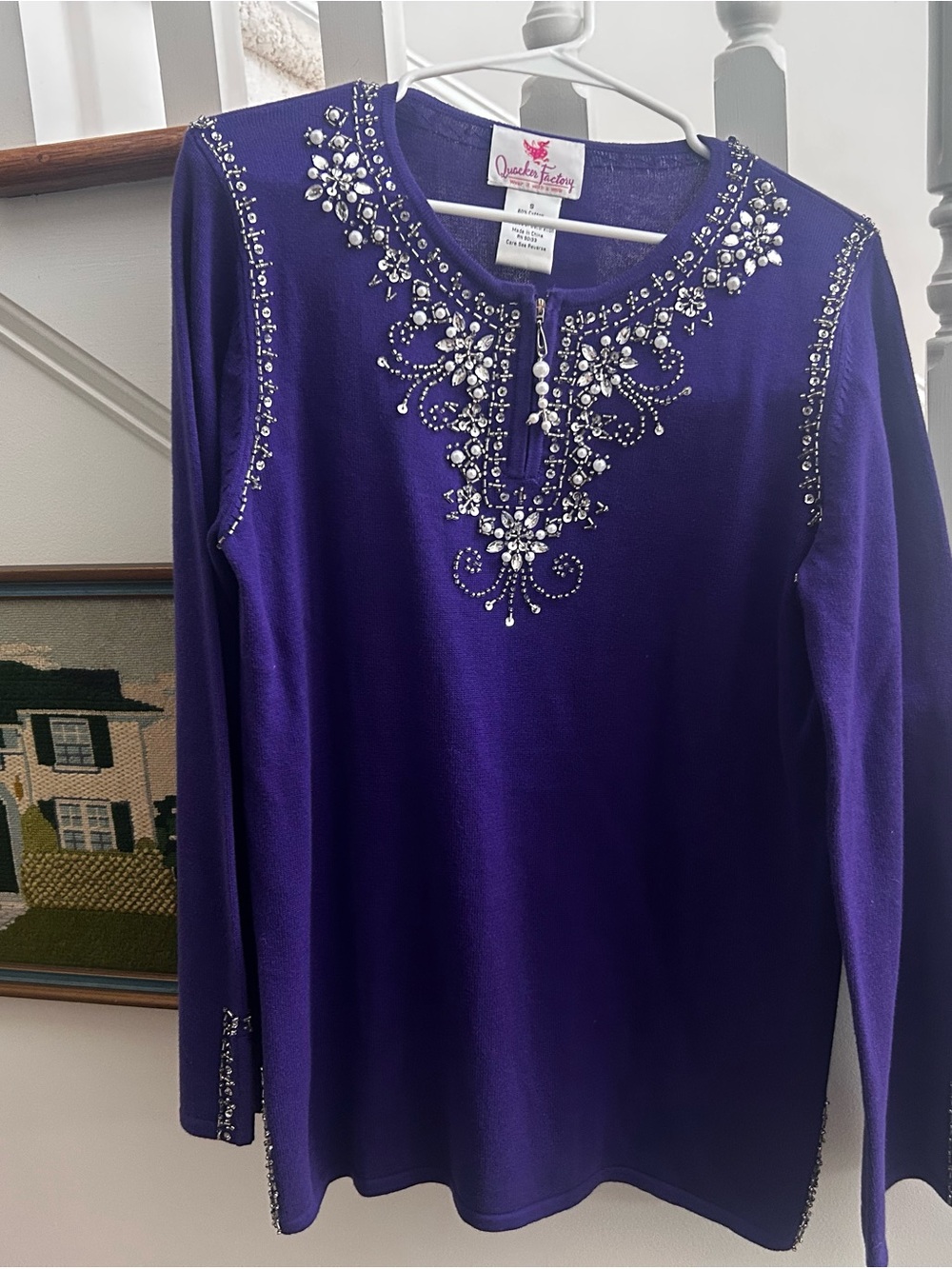 Quacker Factory Purple Bejeweled Long Sleeve Tunic Top Sweater Knit Small S